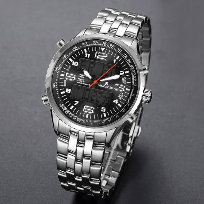 All-Black Steel Men's Sports Watch – LED Analog Digital Display with Date & Week