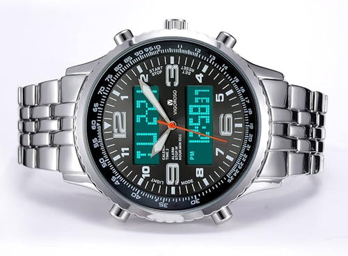 All-Black Steel Men's Sports Watch – LED Analog Digital Display with Date & Week