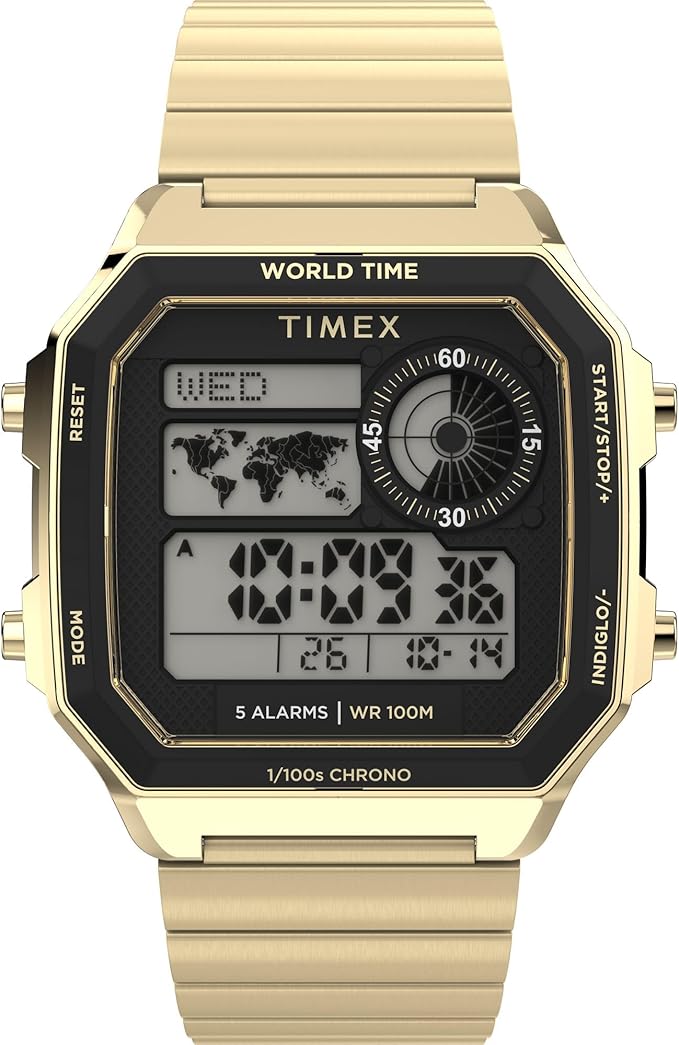 Men's World Time 40mm Digital Watch – Gold-Tone Steel Case & Bracelet